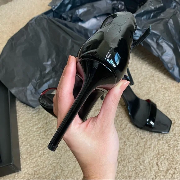 SAINT LAURENT BLACK PATENT VERNICE CHIFFON LEATHER HIGH HEEL SIZE 37 /7 - Picture 9 of 16